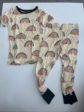 Cream Rainbow Print Kids Pajama Set with Navy Trim